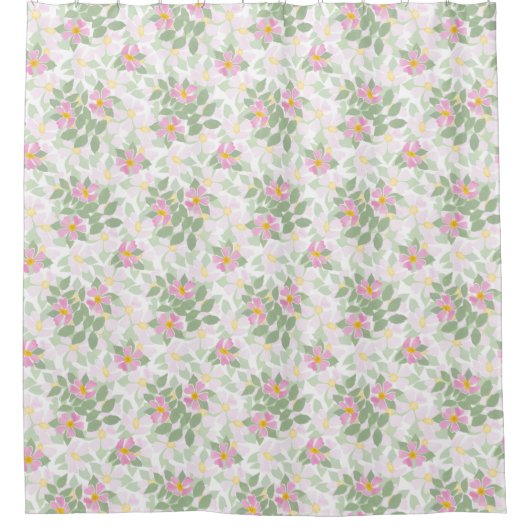 白い花パターンのかわいらしいピンク犬バラ シャワーカーテン (正面)