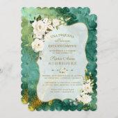 白い花マラカイト金ゴールドスペインのベビーシャワー 招待状 (正面/裏面)