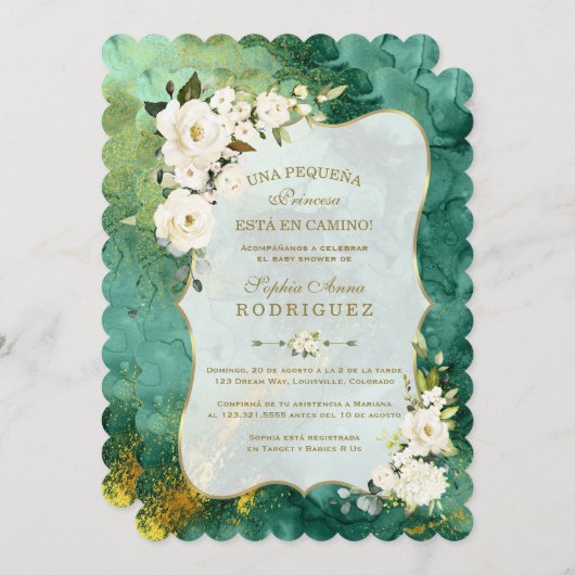 白い花マラカイト金ゴールドスペインのベビーシャワー 招待状 (正面/裏面)