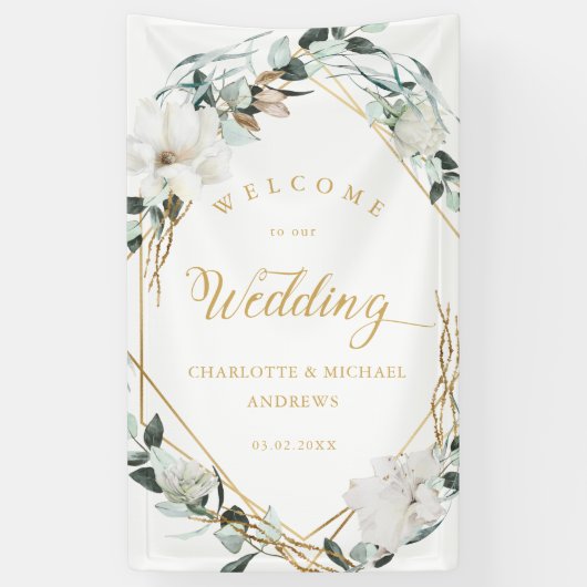 白い花ユーカリプタス金ゴールド幾何結婚性 横断幕 (縦)