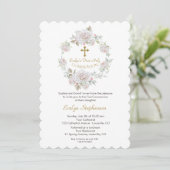 白い花リース金ゴールドクロスホーリーコミュニオン 招待状 (スタンド正面)