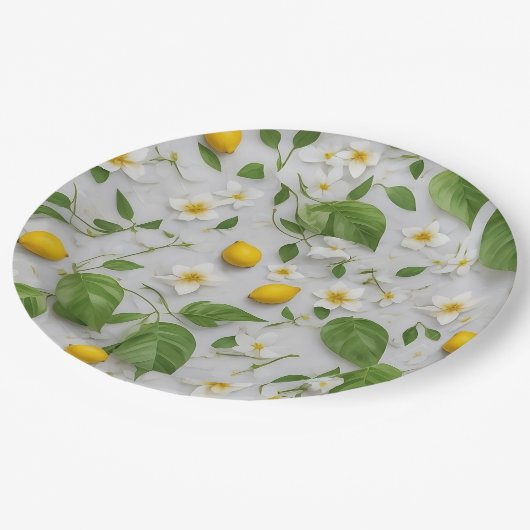 白い花レモン緑離れの花の模様 ペーパープレート (アングル)
