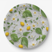 白い花レモン緑離れの花の模様 ペーパープレート (正面)