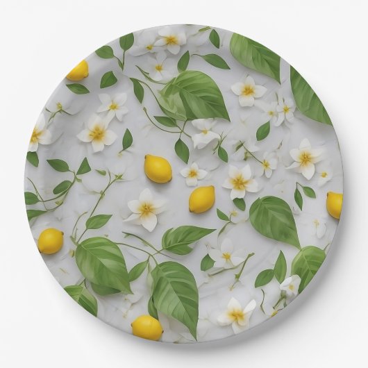 白い花レモン緑離れの花の模様 ペーパープレート (正面)