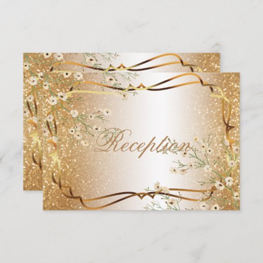 白い花及び金ゴールドのグリッター-披露宴 招待状 (正面/裏面)