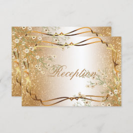 白い花及び金ゴールドのグリッター-披露宴 招待状