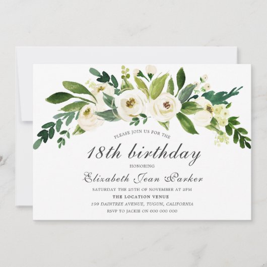 白い花咲く18thバースデーパーティー招待状 招待状 (正面)
