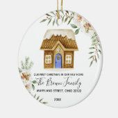白い花我々の初めてのクリスマスは我々の新しい家 セラミックオーナメント (左)
