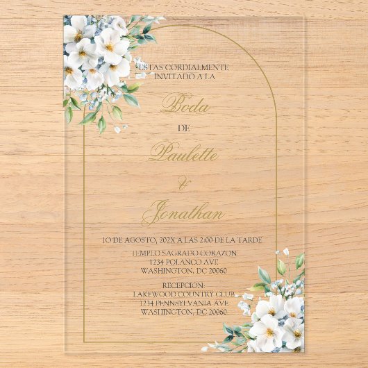 白い花束の結婚式の招待状 アクリル招待状 (正面)