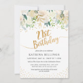 白い花柄および金ゴールドの第21誕生会 招待状 (正面)