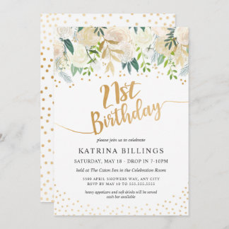 白い花柄および金ゴールドの第21誕生会 招待状