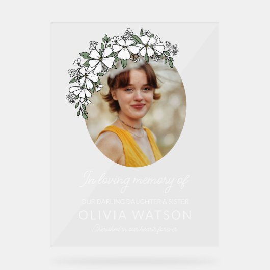 白い花楕円形の写真を愛の記憶に アクリルサイン (正面)