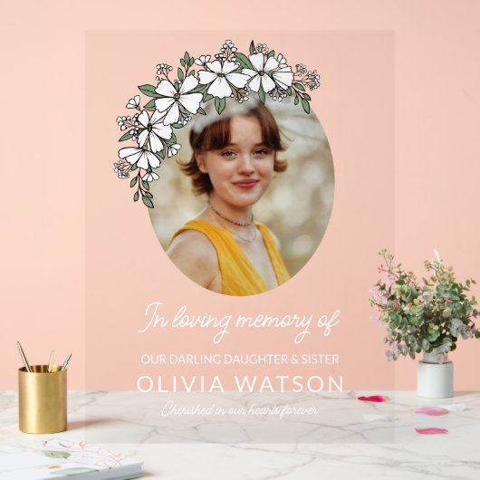 白い花楕円形の写真を愛の記憶に アクリルサイン (ウェディング)