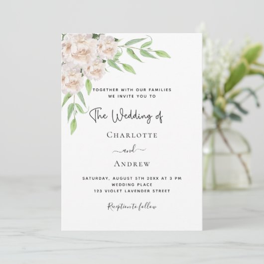 白い花模様の緑のエレガントな結婚式 招待状 (スタンド正面)