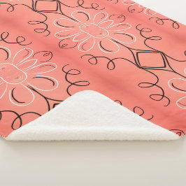 白い花模様の黒い毛布 シェルパブランケット