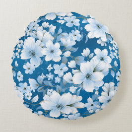 白い花模様、青い背景 ラウンドクッション
