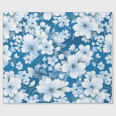 白い花模様、青い背景 ラッピングペーパー (フラット)