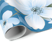 白い花模様、青い背景 ラッピングペーパー (ロールコーナー)