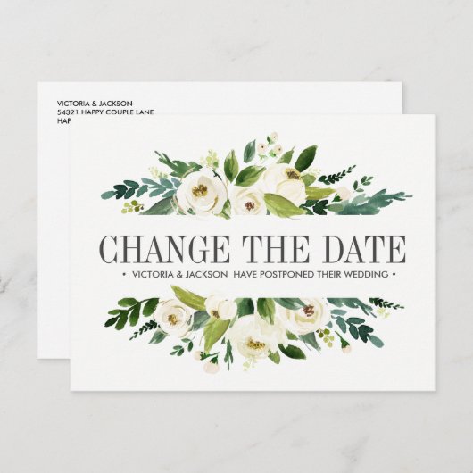 白い花結婚の延期日の変更 案内ポストカード (正面/裏面)