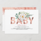 白い花緑とバラ金ゴールド赤ちゃんシャワー 招待状 (正面/裏面)