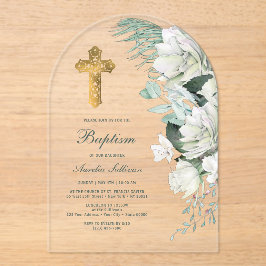 白い花緑のアーチバプテスマ アクリル招待状