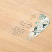 白い花緑のアーチ最初の聖餐式 アクリル招待状 (レイダウン)