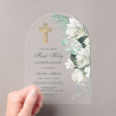 白い花緑のアーチ最初の聖餐式 アクリル招待状 (インサイチュ (ポータブル))