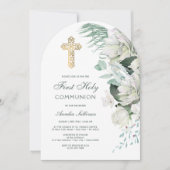 白い花緑のアーチ最初の聖餐式 招待状 (正面)
