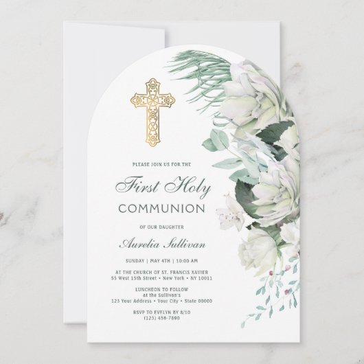 白い花緑のアーチ最初の聖餐式 招待状 (正面)