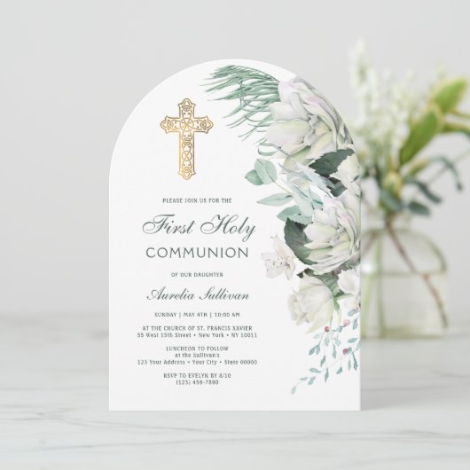 白い花緑のアーチ最初の聖餐式 招待状 (スタンド正面)