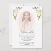 白い花色あせたフォトお祝い・オブ・ライフ 招待状 (正面)