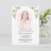 白い花色あせたフォトお祝い・オブ・ライフ 招待状 (スタンド正面)