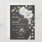 白い花葉緑の結婚黒 招待状 (正面)