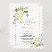 白い花金ゴールドグリッタースパークルスフレームバプテスマ 招待状 (正面/裏面)