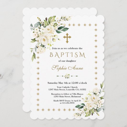 白い花金ゴールドグリッタースパークルスフレームバプテスマ 招待状 (正面/裏面)