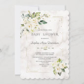 白い花金ゴールドグリッター大理石ベビーシャワー 招待状 (正面)