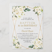 白い花金ゴールドバプテスマ1歳の誕生日パーティー 招待状 (正面/裏面)