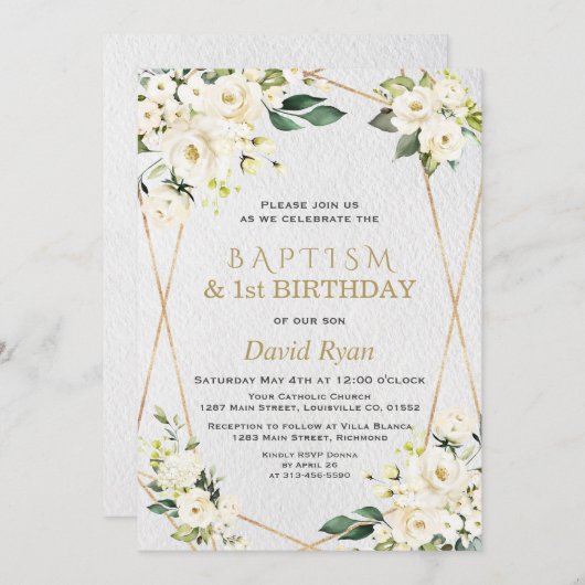 白い花金ゴールドバプテスマ1歳の誕生日パーティー 招待状 (正面/裏面)
