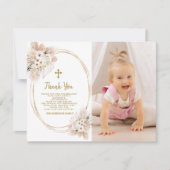 白い花金ゴールドフォトガールバプテスマ1st誕生日 サンキューカード (正面)