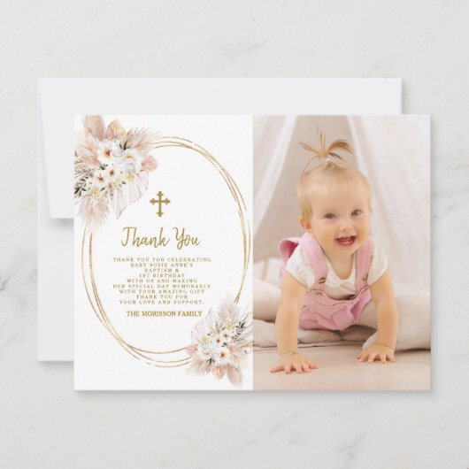 白い花金ゴールドフォトガールバプテスマ1st誕生日 サンキューカード (正面)