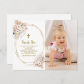 白い花金ゴールドフォトガールバプテスマ1st誕生日 サンキューカード (正面/裏面)