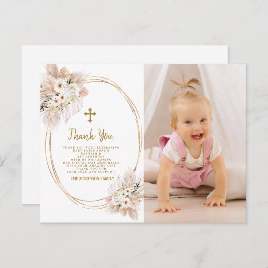 白い花金ゴールドフォトガールバプテスマ1st誕生日 サンキューカード (正面/裏面)