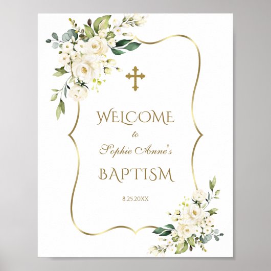 白い花金ゴールドフレームバプテスムウェルカムサイン ポスター (正面)