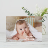 白い花金ゴールド少年の写真1st誕生日バプテスマ サンキューカード (スタンド正面)