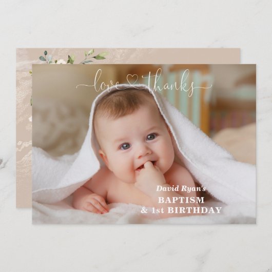 白い花金ゴールド少年の写真1st誕生日バプテスマ サンキューカード (正面/裏面)