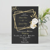 白い花金ゴールド幾何学黒結婚色 招待状 (スタンド正面)