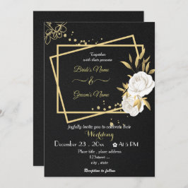 白い花金ゴールド幾何学黒結婚色 招待状