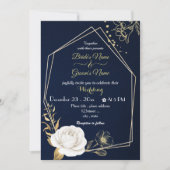 白い花金ゴールド幾何結婚海軍 招待状 (正面)