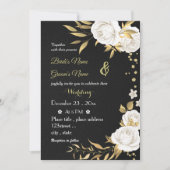 白い花金ゴールド結婚黒 招待状 (正面)
