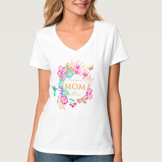 白い花開くママ Tシャツ (正面)